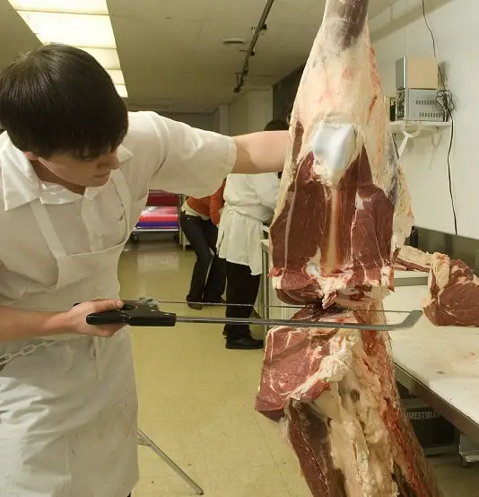 Butcher using hacksaw on hanging carcass